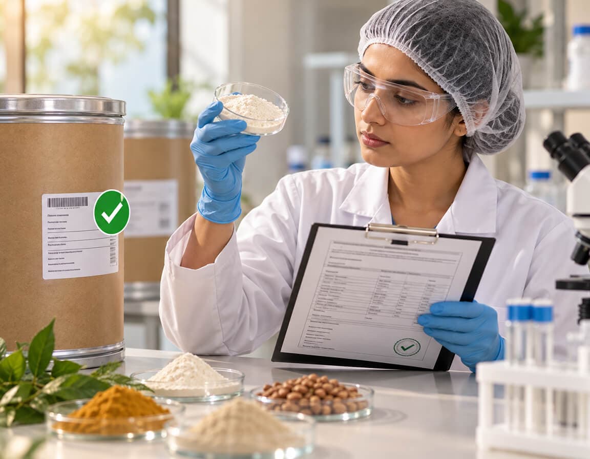 Raw ingredients being checked on a laboratory bench